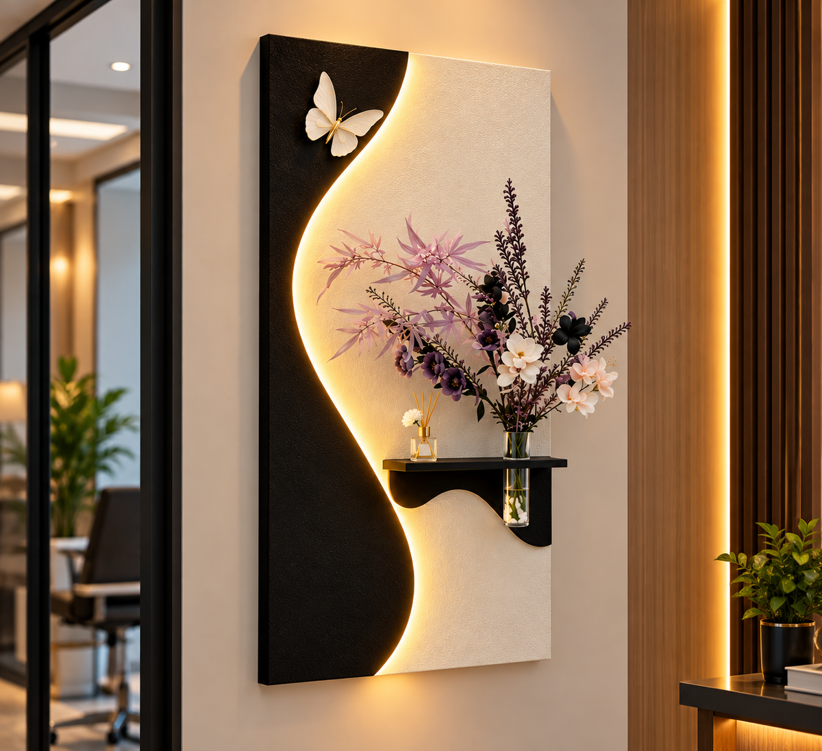 Modern S-Curve LED Wall Art with Floating Shelf