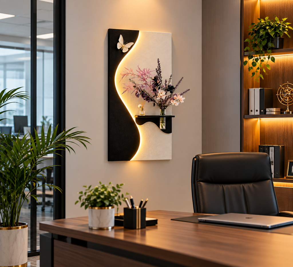 Modern S-Curve LED Wall Art with Floating Shelf
