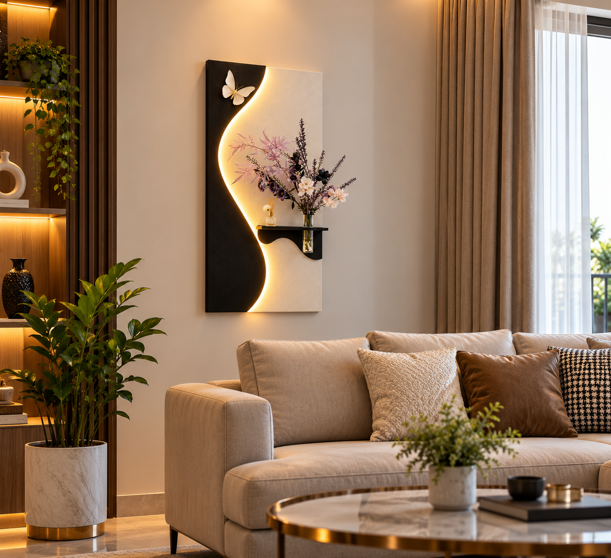 Modern S-Curve LED Wall Art with Floating Shelf