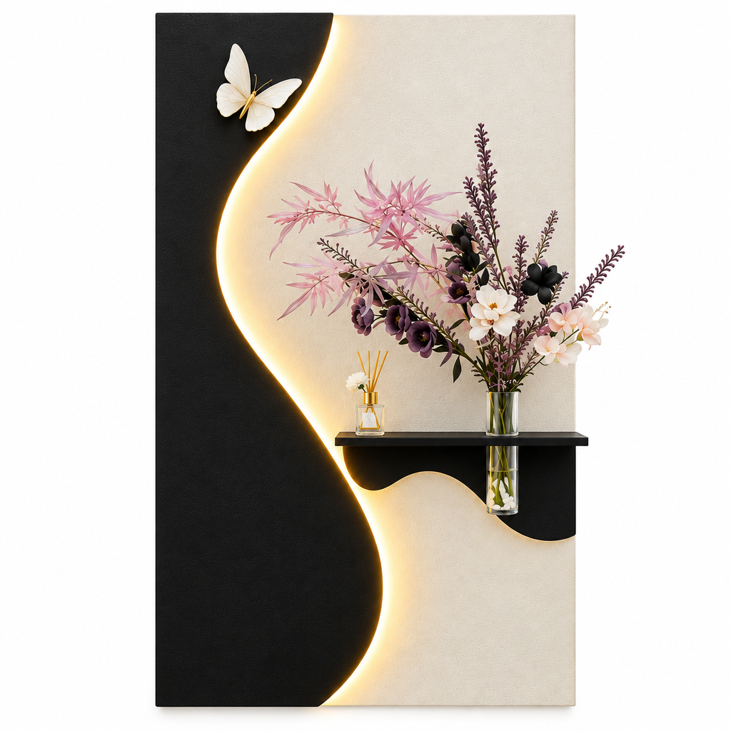 Modern S-Curve LED Wall Art with Floating Shelf