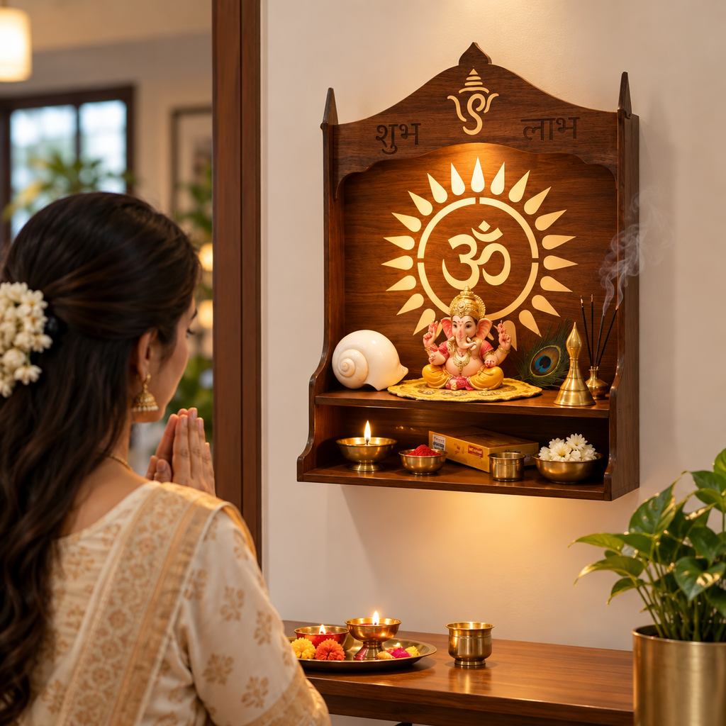 Wooden LED Wall Mounted Pooja Mandir