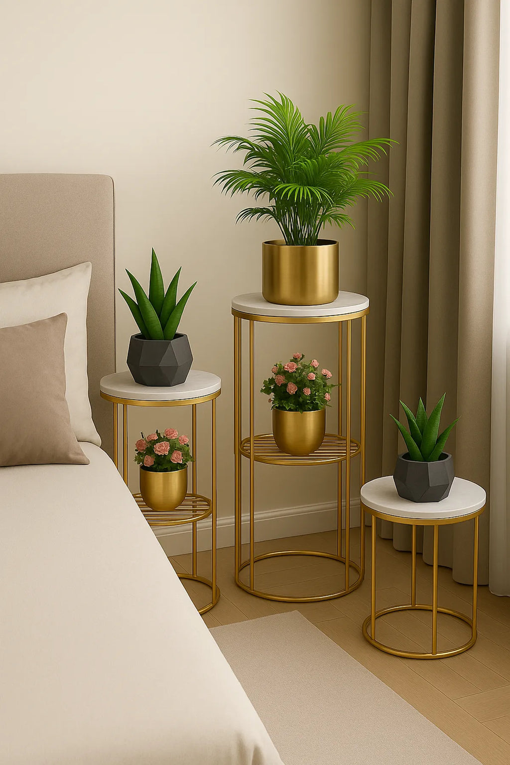 Modern Metal Plant Stand With Marble Top-Tall & Short Set Of 2