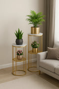 Modern Metal Plant Stand With Marble Top-Tall & Short Set Of 2