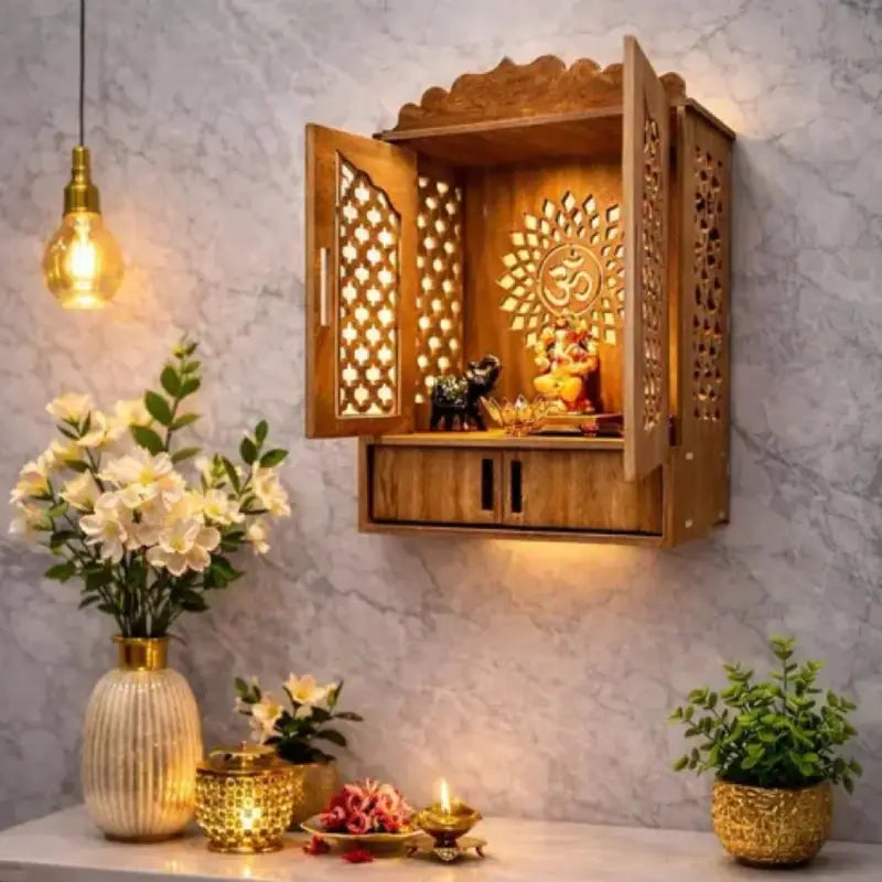 Wooden LED Pooja Mandir with Doors & Om Design