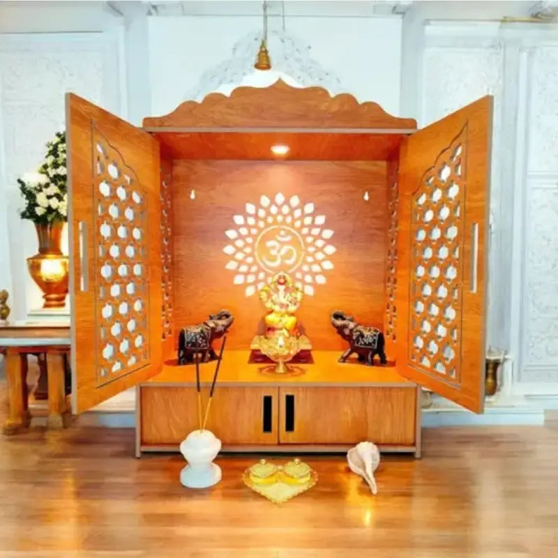 Wooden LED Pooja Mandir with Doors & Om Design